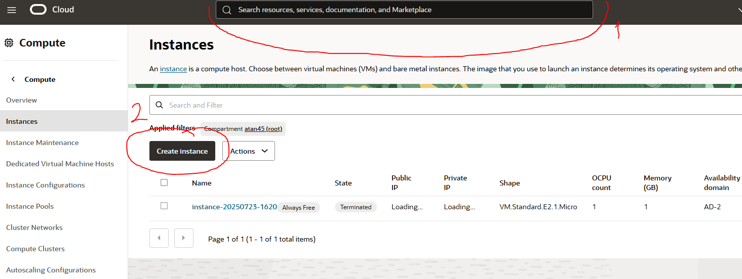 Creating new instance Screenshot 